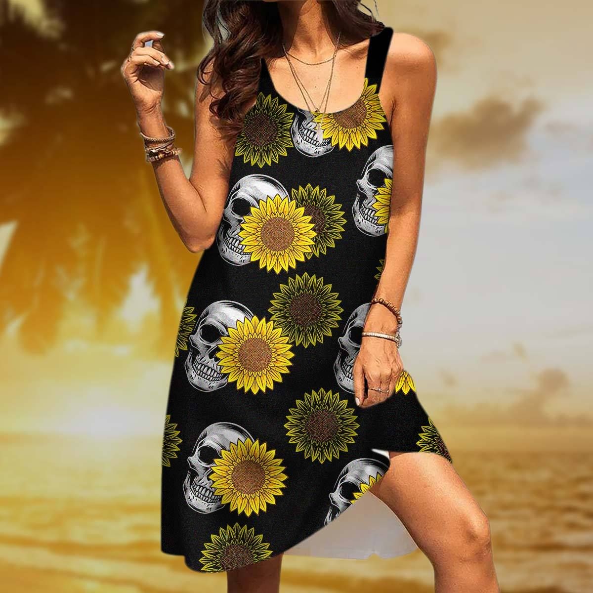 Gearhumans 3D Sunflower Skulls Custom Beach Dress GW2406214 Beach Dress