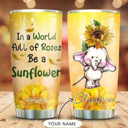 Gearhuman 3D Sunflower Elephant Custom Name Design Vacuum Insulated Tumbler GC13106 Tumbler Short 20oz
