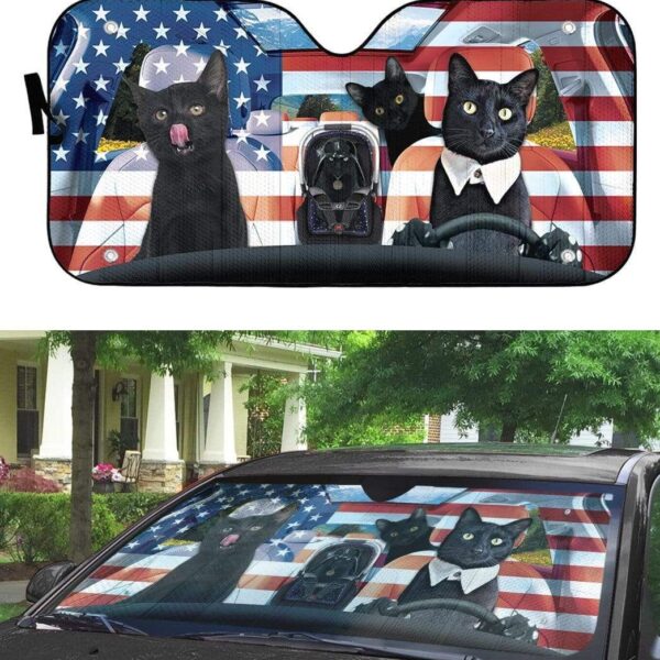 gearhumans 3D Black Cat Family America Custom Car Auto Sunshade GL06073 Auto Sunshade
