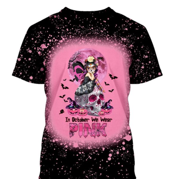 Gearhumans 3D Sugar Skull Girl Breast Cancer Awareness Custom Bleached Shirt