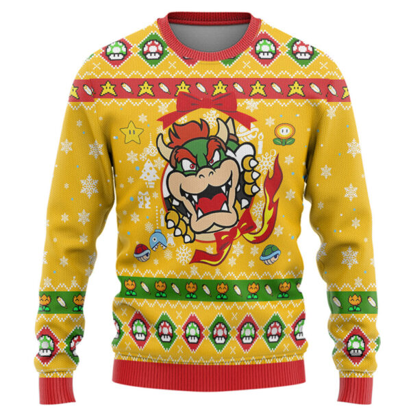 Gearhumans 3D Super Mario Bowser Custom Ugly Christmas Long sleeve