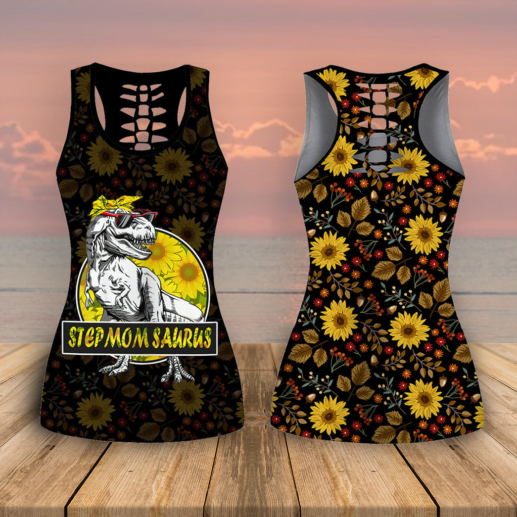 Gearhumans 3D Stepmomsaurus Dinosaur Sunflower Stepmom Custom Hollow Tank Top - Image 3