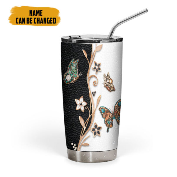 Gearhumans 3D Butterfly Golden Butterfly Leather Style Custom Name Tumbler