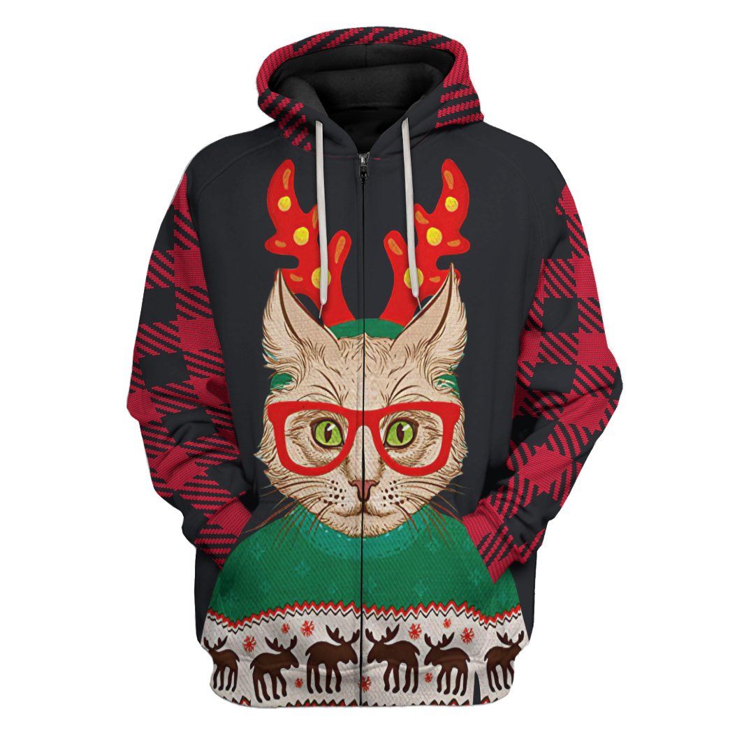 Gearhuman 3D Christmas Cat Custom Tshirt Hoodie Apparel GC04113 3D Apparel Zip Hoodie S