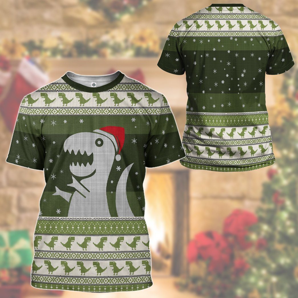 Gearhuman 3D Christmas Dino Ugly Sweater Custom Tshirt Hoodie Apparel GC21101 3D Apparel