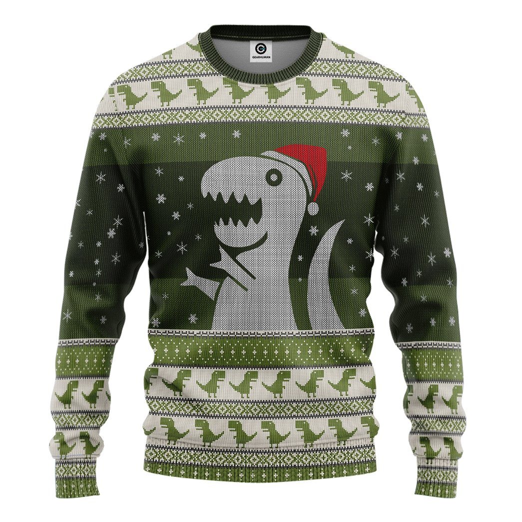 Gearhuman 3D Christmas Dino Ugly Sweater Custom Tshirt Hoodie Apparel GC21101 3D Apparel Long Sleeve S