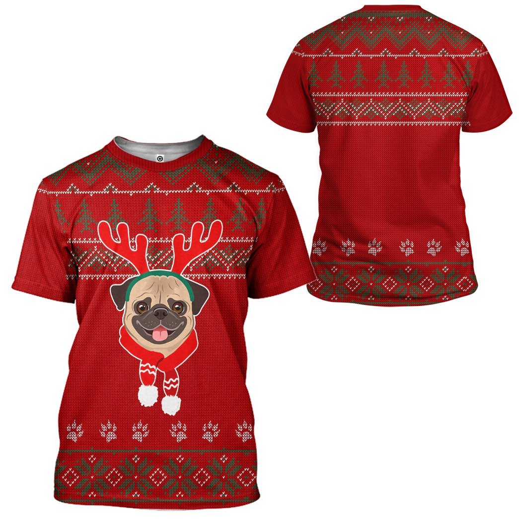 Gearhuman 3D Christmas Pug Dog Ugly Sweater Custom Tshirt Apparel GC06104 3D T-shirt