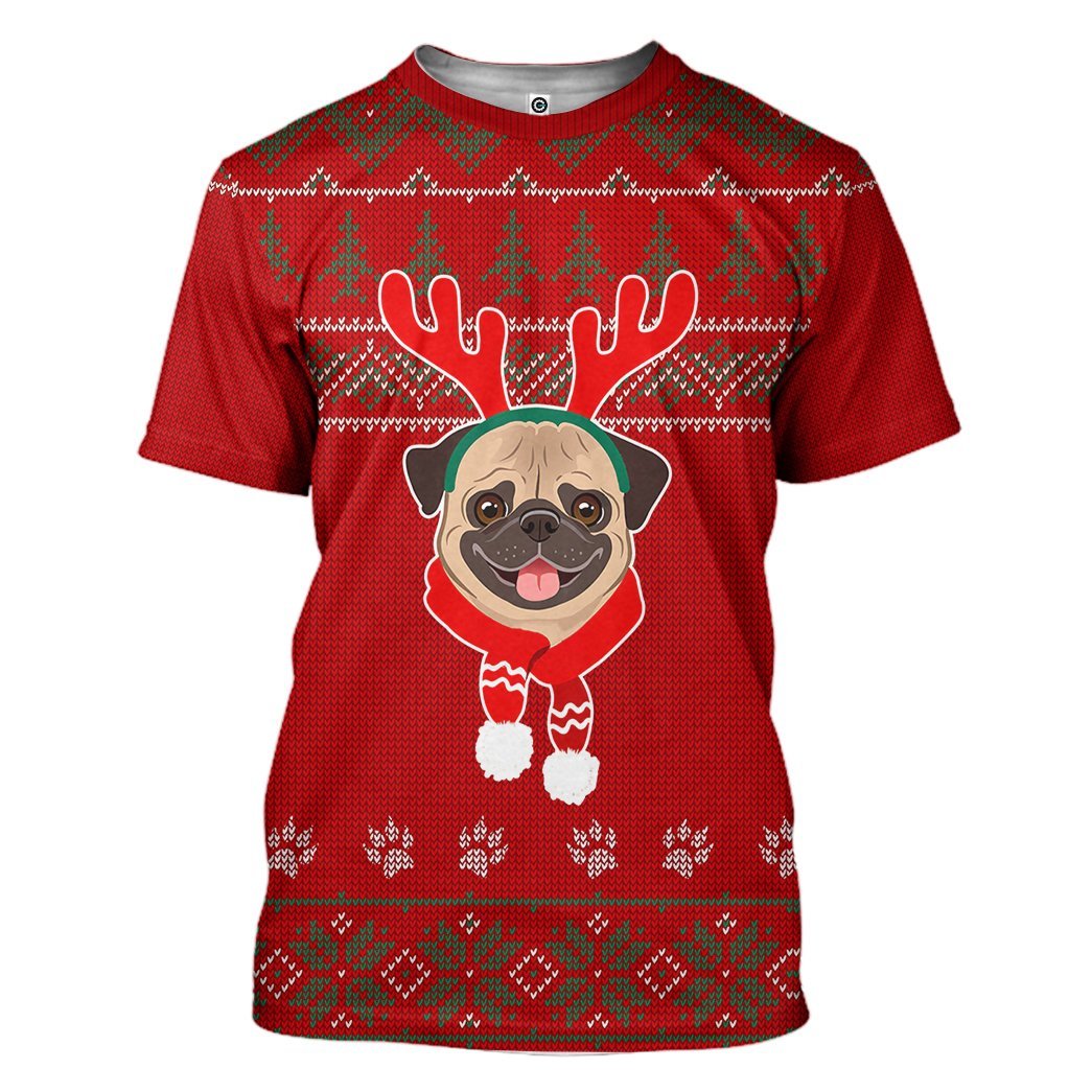 Gearhuman 3D Christmas Pug Dog Ugly Sweater Custom Tshirt Apparel GC06104 3D T-shirt T-Shirt S
