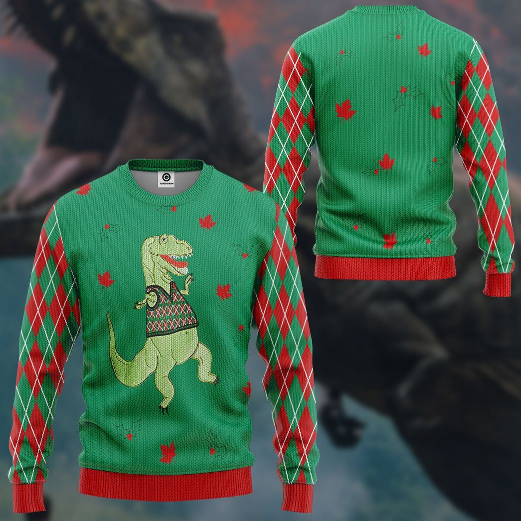 Gearhuman 3D Dinosaur Ugly Sweater Custom Name Tshirt Hoodie Apparel GC21105 3D Apparel