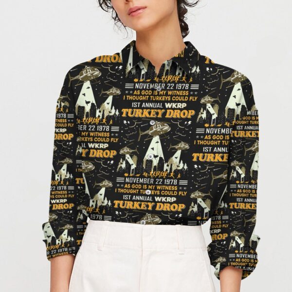Gearhuman 3D Funny Thanksgiving WKRP Turkey I Thought Turkey Could Fly Custom Linen Shirt For Women GV05101 Linen Shirt 