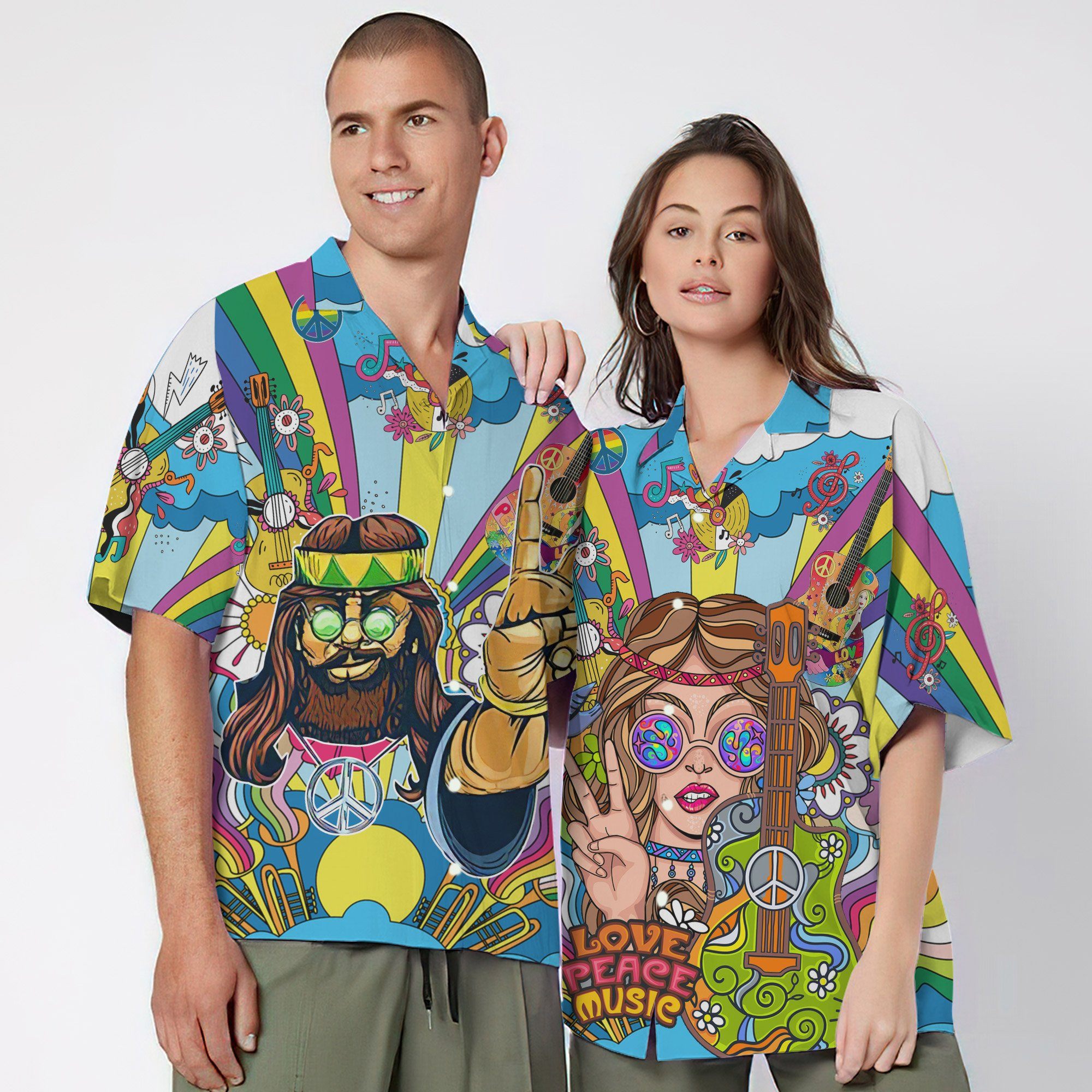 Gearhuman 3D Hippie Men With Guitar Custom Hawaii Shirt GS06072110 Hawai Shirt