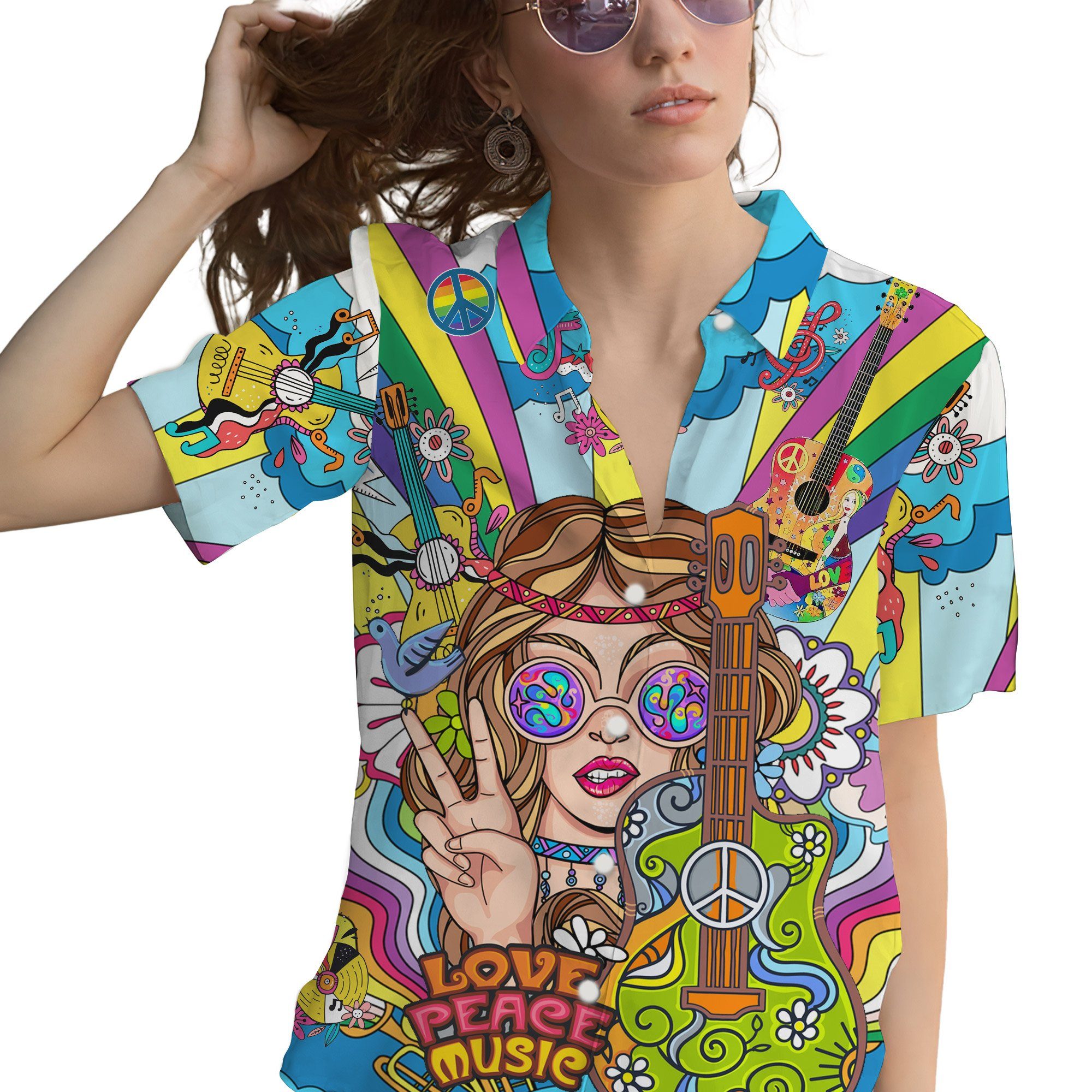 Gearhuman 3D Hippie Woman With Guitar Custom Hawaii Shirt GS06072111 Hawai Shirt