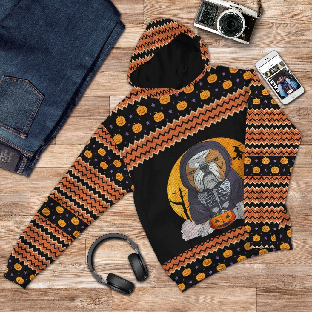 Gearhuman 3D Ugly Sweater Bulldog Halloween Custom Hoodie Apparel GV27086 3D Custom Fleece Hoodies