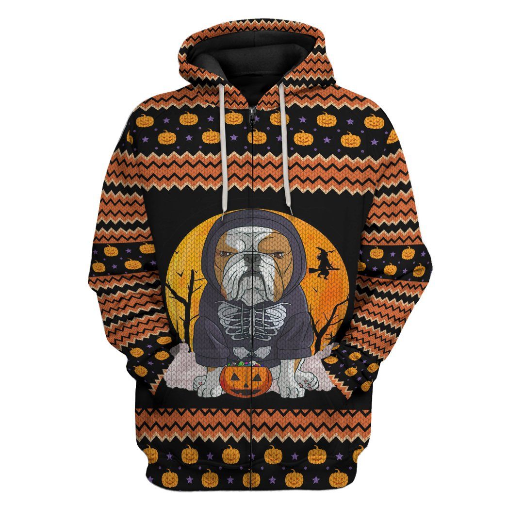 Gearhuman 3D Ugly Sweater Bulldog Halloween Custom Hoodie Apparel GV27086 3D Custom Fleece Hoodies Zip Hoodie S