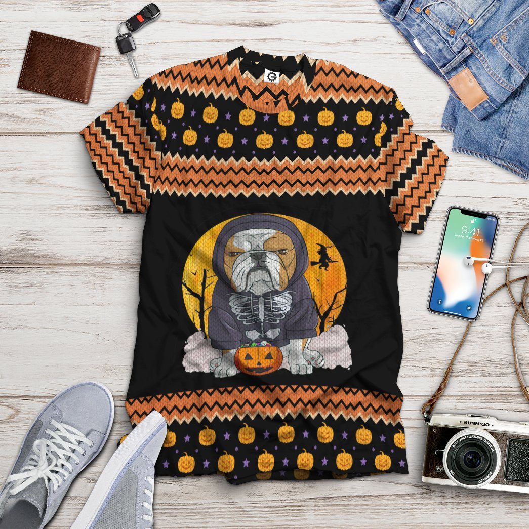 Gearhuman 3D Ugly Sweater Bulldog Halloween Custom Tshirt Apparel GV27086 3D T-shirt