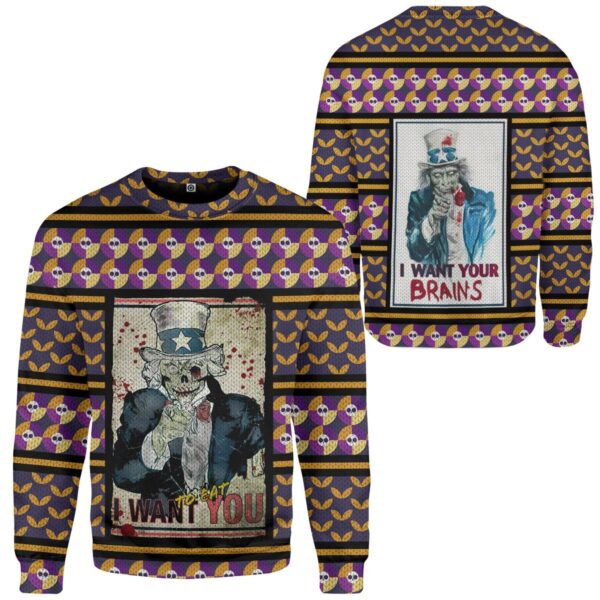 Gearhuman 3D Uncle Sam Halloween I Want Your Brains Ugly Sweater Custom Sweatshirt Apparel GV01099 Sweatshirt