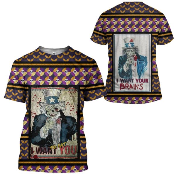 Gearhuman 3D Uncle Sam Halloween I Want Your Brains Ugly Sweater Custom Tshirt Apparel GV01099 3D T-shirt
