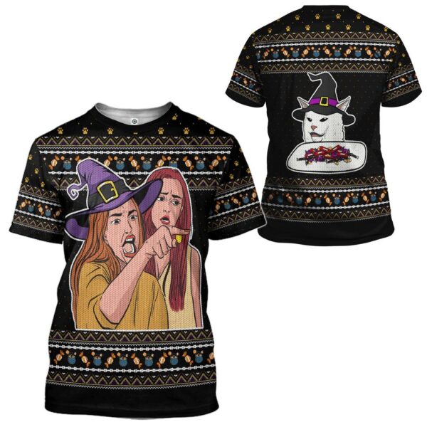 Gearhuman 3D Woman Yelling At A Cat Ugly Sweater Halloween Custom Tshirt Apparel GC14091 3D T-shirt