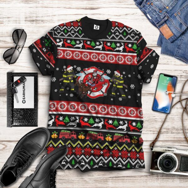 Gearhuman 3D Xmas Firefighter Ugly Christmas Sweater Custom Tshirt Apparel GV071011 3D T-shirt