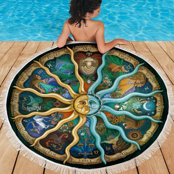 Gearhumans 3D 12 Astrology Zodiac Signs Custom Round Beach Towel GS30062117 Round Beach Towel