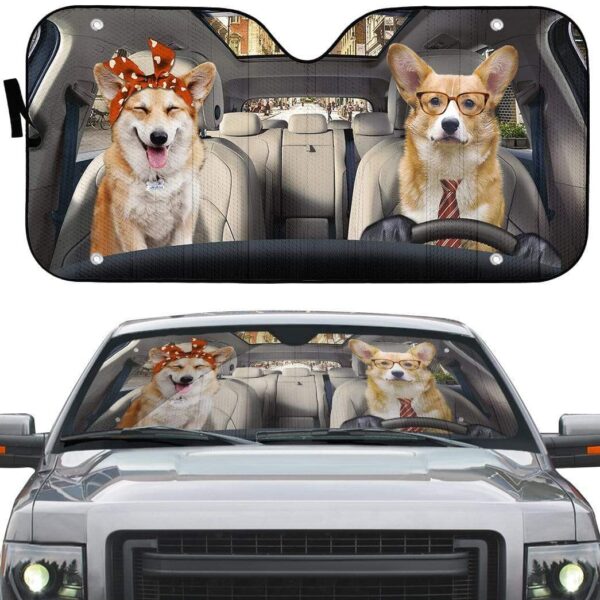 gearhumans 3D Adorable Couple Corgi Dogs In Car Custom Car Auto Sunshade GV230622 Auto Sunshade