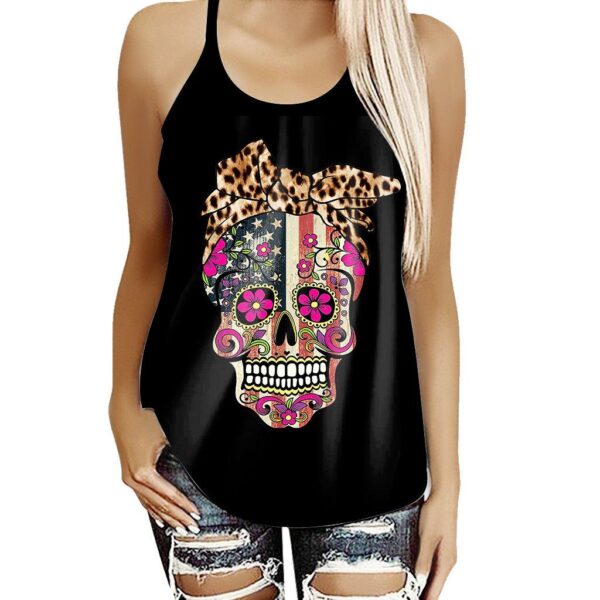 Gearhumans 3D American Sugar Skull With Leopard Bow Custom Cross Tank Top GO23062112 Cross Tank Top Cross Tank Top S 