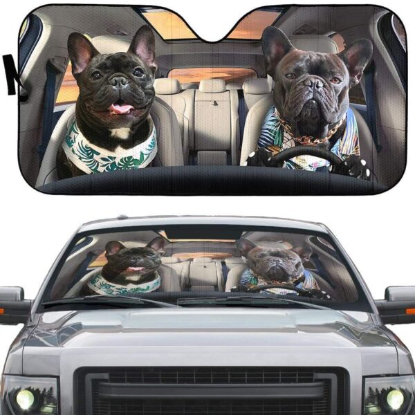 gearhumans 3D Beach Family Bulldog Custom Car Auto Sunshade GV120618 Auto Sunshade 