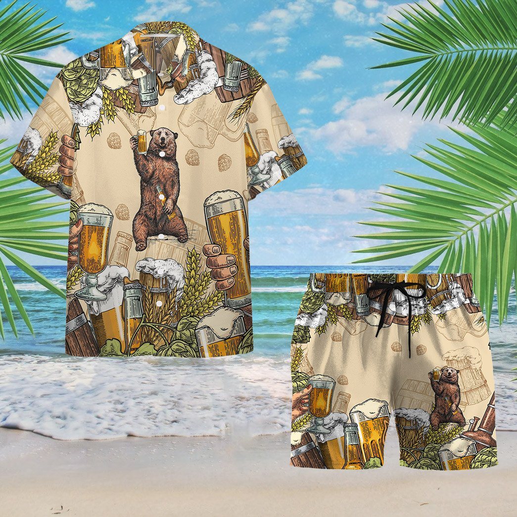 Gearhumans 3D Bear and Beer Custom Hawaii Shirt GS07072119 Hawai Shirt