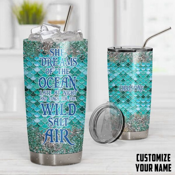 Gearhumans 3D Blue Sparkle Mermaid Tail Custom Name Design Insulated Vacuum Glitter Tumbler GW1506212 Tumbler 
