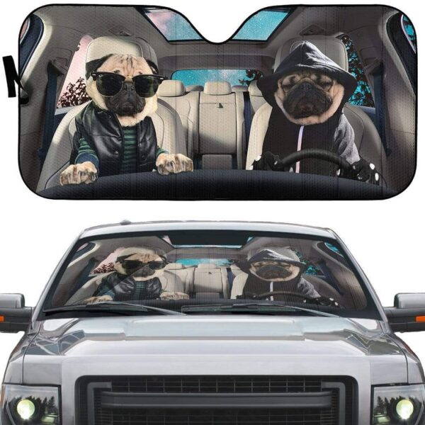 gearhumans 3D Cool Pug Couple Dogs Custom Car Auto Sunshade GV120623 Auto Sunshade