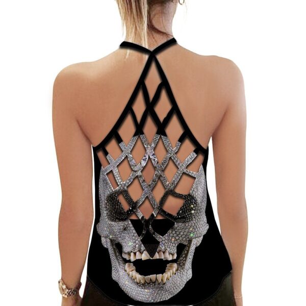 Gearhumans 3D Diamond Skull Bling Shiny Sparkle Skull Diamond Custom Cross Tank Top GO23062114 Cross Tank Top