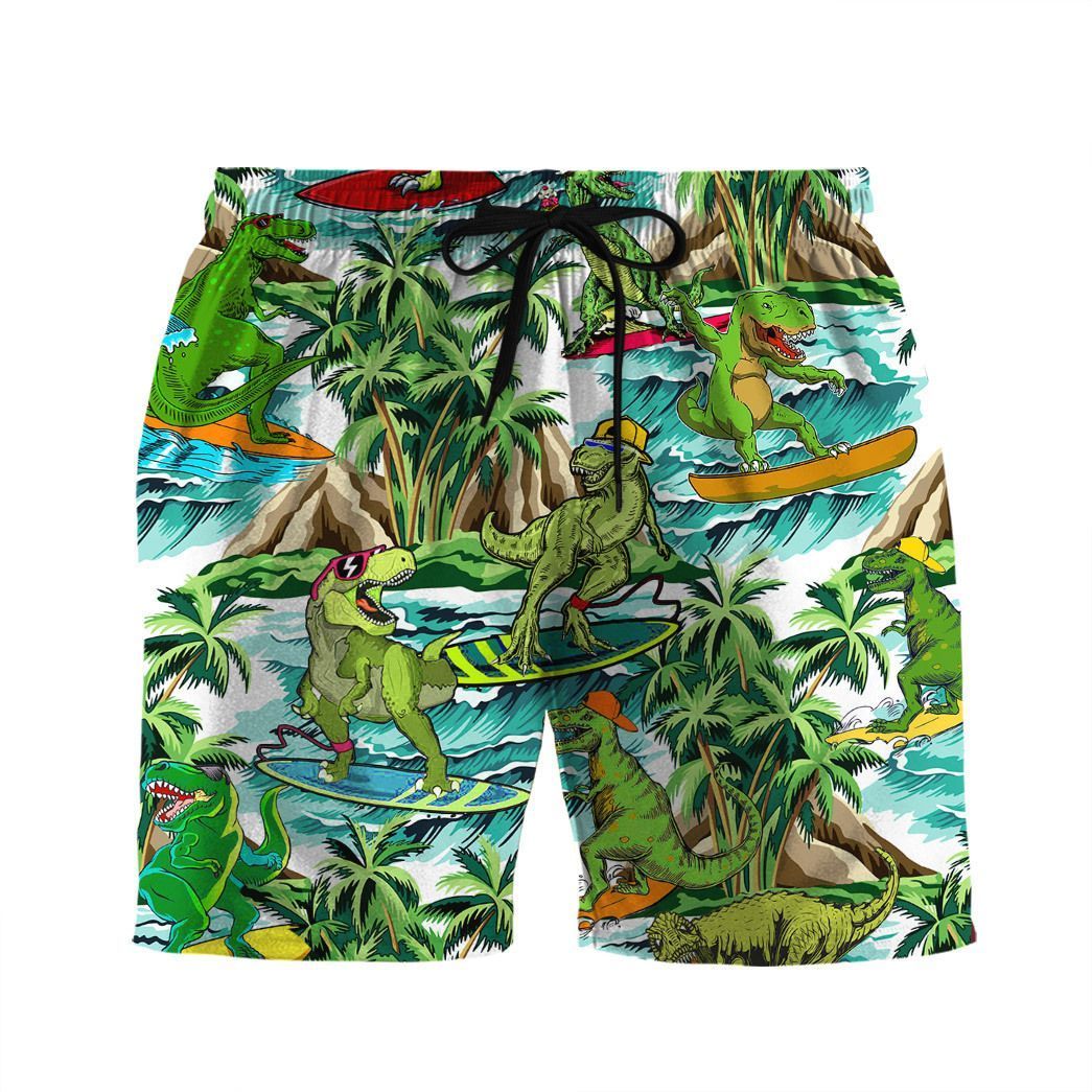 Gearhumans 3D Dinosaur Surfing Hawaii Shirt ZZ2806211 Short Sleeve Shirt Beach Shorts S