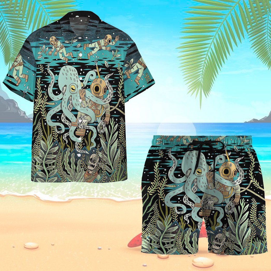 Gearhumans 3D Diver Fighting With Octopus Custom Hawaii Shirt GO21062115 Hawai Shirt