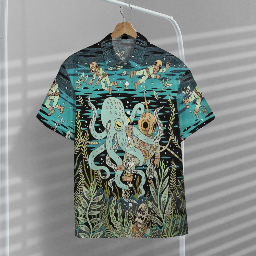 Gearhumans 3D Diver Fighting With Octopus Custom Hawaii Shirt GO21062115 Hawai Shirt