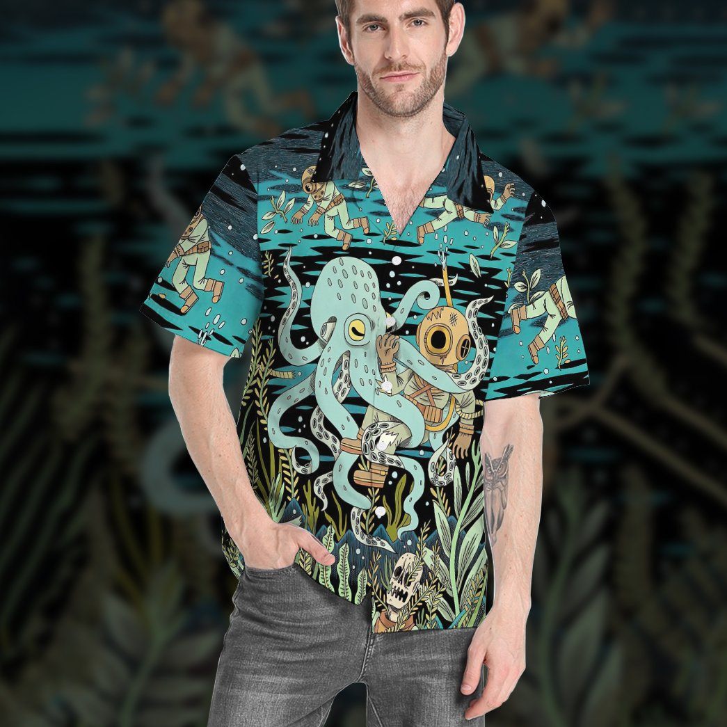 Gearhumans 3D Diver Fighting With Octopus Custom Hawaii Shirt GO21062115 Hawai Shirt