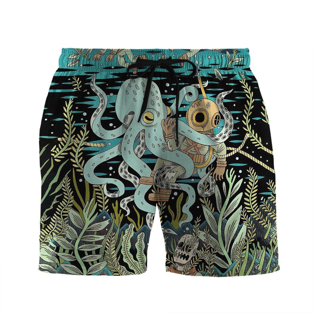 Gearhumans 3D Diver Fighting With Octopus Custom Hawaii Shirt GO21062115 Hawai Shirt Men Shorts S