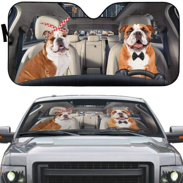 gearhumans 3D English Bulldog Couple Custom Car Auto Sunshade GW17077 Auto Sunshade