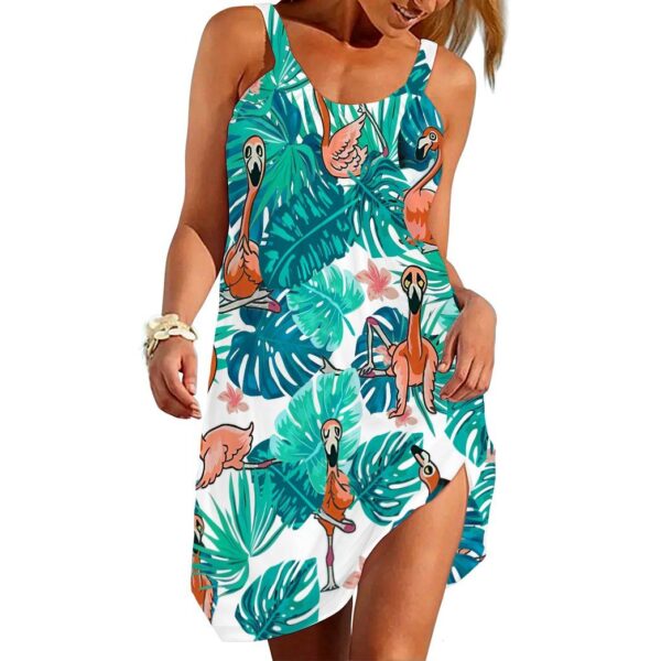 Gearhumans 3D Flamingo Doing Yoga In Tropical Custom Sleeve Beach Dress GS1106214 Beach Dress Beach Dress S