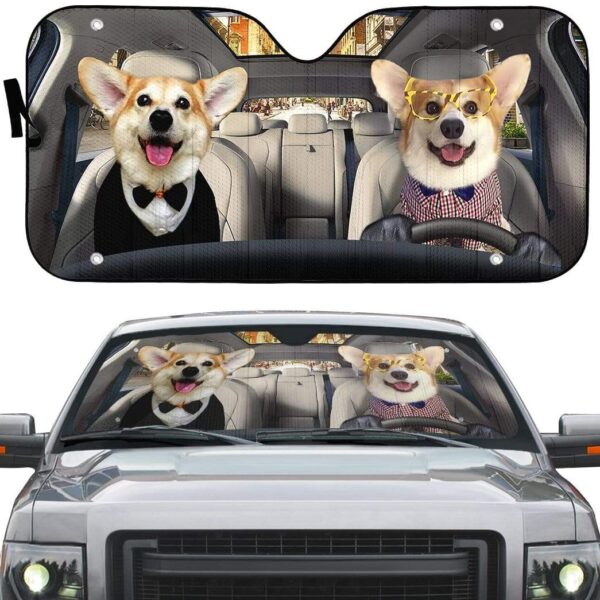 gearhumans 3D Friend Couple Corgi Dogs In Car Custom Car Auto Sunshade GV230621 Auto Sunshade