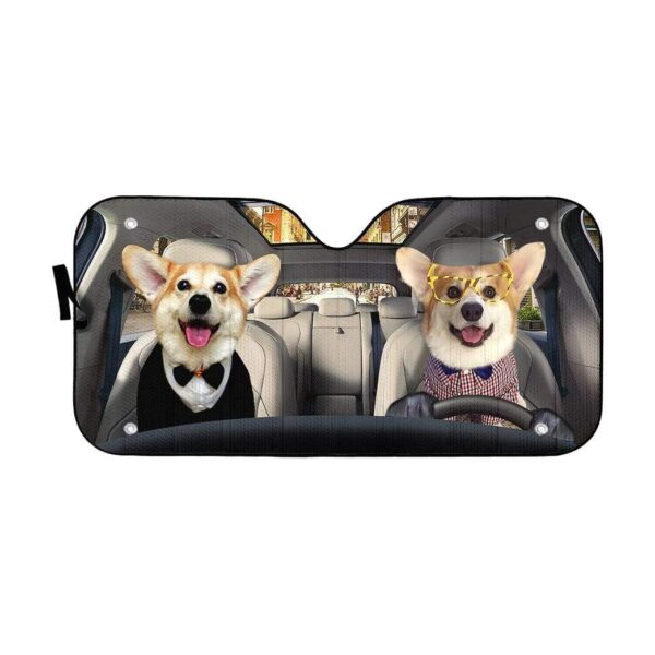 gearhumans 3D Friend Couple Corgi Dogs In Car Custom Car Auto Sunshade GV230621 Auto Sunshade 57''x27.5'' 