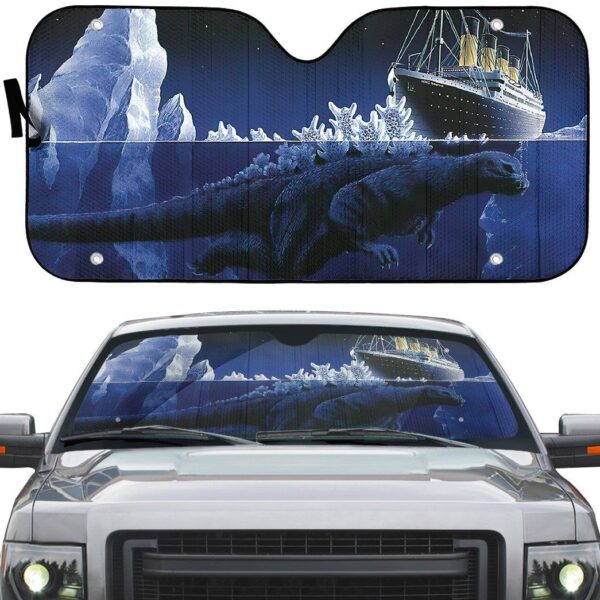 Gearhumans 3D Funny Godzilla Hits Titanic Custom Car Auto Sunshade GO28042121 Auto Sunshade