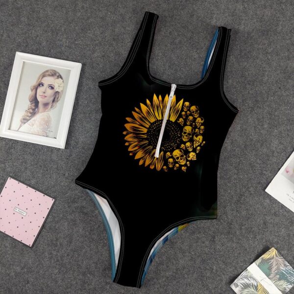 Gearhumans 3D Sunflower Skulls Custom One Piece Swimsuit GW24052119 One-piece Swimsuit One-piece Swimsuit S 