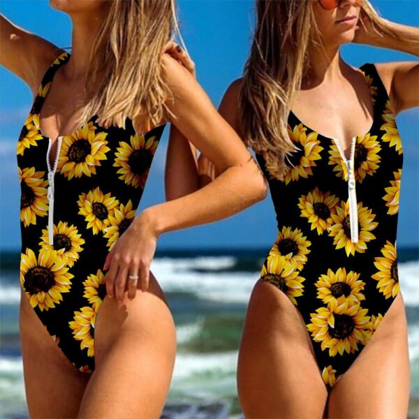 Gearhumans 3D Sunflowers In Black Custom Swimsuit GO03062118 One-piece Swimsuit 