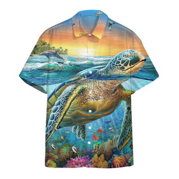 Gearhumans 3D Sunrise Sea Turtle Swimming Among Coral Reefs Custom Hawaii Shirt GS08072126 Hawai Shirt Hawai Shirt S 