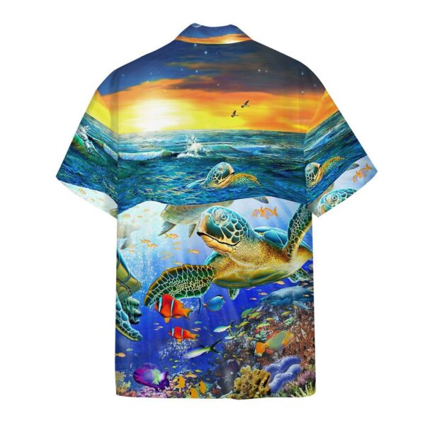 Gearhumans 3D Sunset Sea Turtle Swimming Among Coral Reefs Custom Hawaii Shirt GS08072128 Hawai Shirt