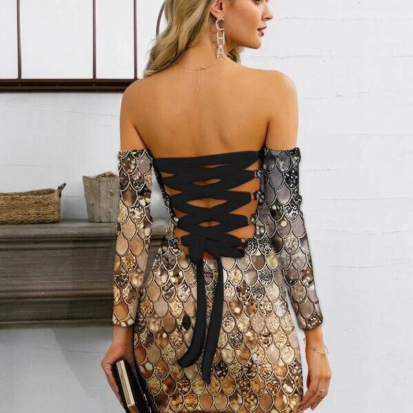 Gearhumans 3D The Gorgeous Dark Gold Star Of The Party Custom Off Shoulder Bandage Dress GO16062117 Off Shoulder Bandage Dress