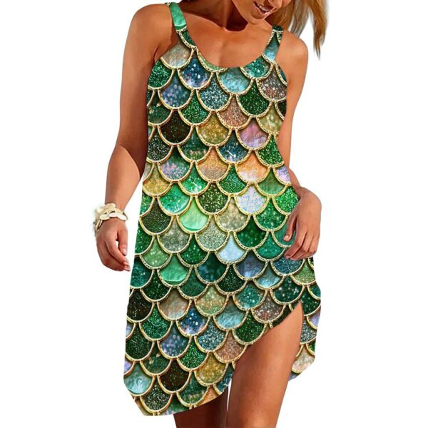 Gearhumans 3D The Most Green And Gold Sparkle Mermaid Tail In The Ocean Custom Sleeveless Beach Dress GO14062112 Beach Dress Beach Dress S 