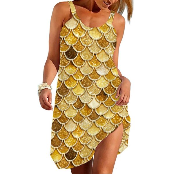 Gearhumans 3D The Most Ultra Gold Sparkle Mermaid Tail In The Ocean Custom Sleeveless Beach Dress GO14062111 Beach Dress Beach Dress S 