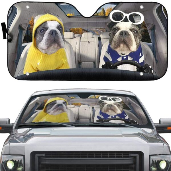 gearhumans 3D Two Cool French Bulldog In Car Custom Car Auto Sunshade GV23064 Auto Sunshade