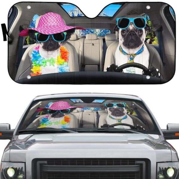 gearhumans 3D Two Pug Dogs Go To The Beach Custom Car Auto Sunshade GV190610 Auto Sunshade